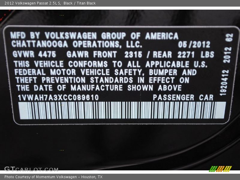 Black / Titan Black 2012 Volkswagen Passat 2.5L S