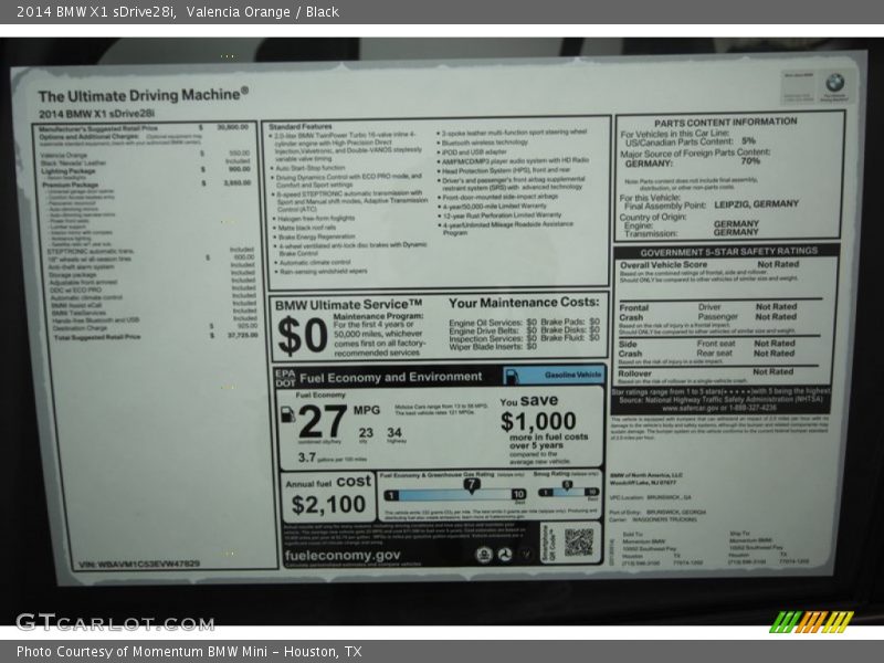  2014 X1 sDrive28i Window Sticker