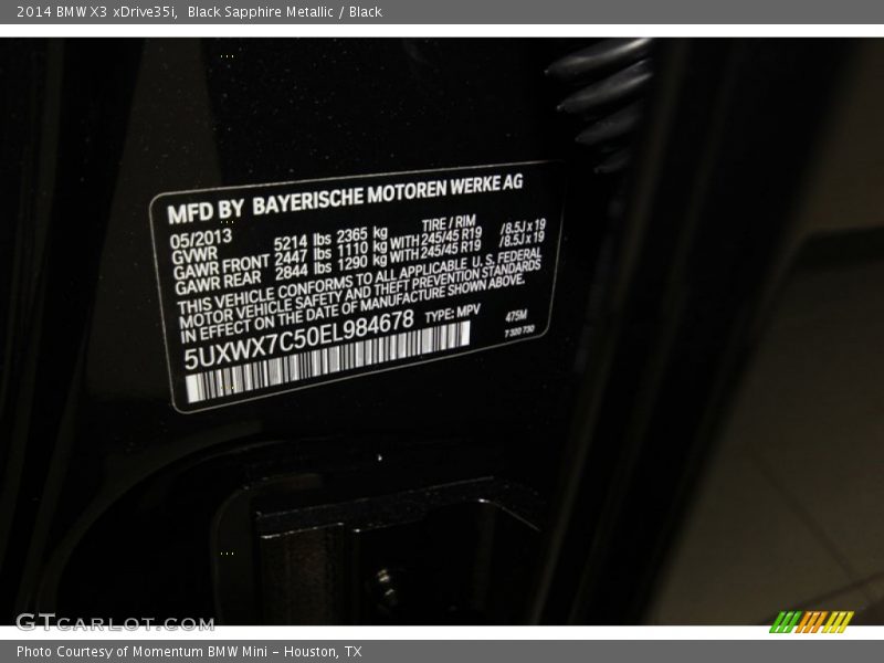 2014 X3 xDrive35i Black Sapphire Metallic Color Code 475