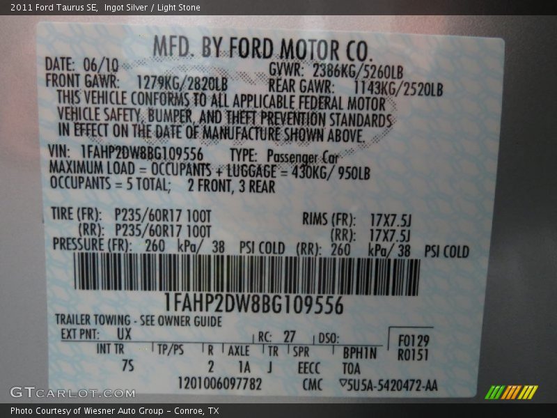 Ingot Silver / Light Stone 2011 Ford Taurus SE