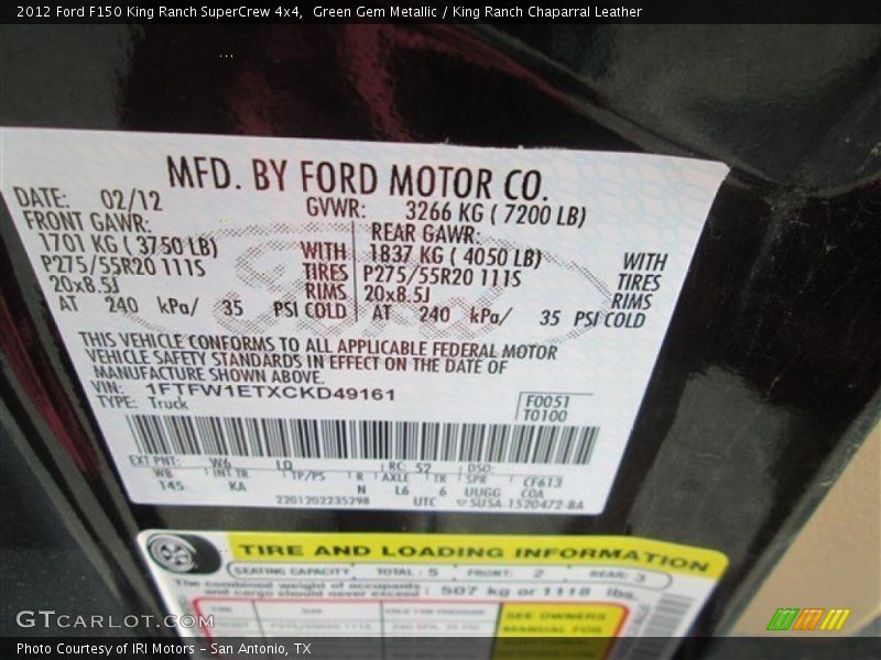 2012 F150 King Ranch SuperCrew 4x4 Green Gem Metallic Color Code W6
