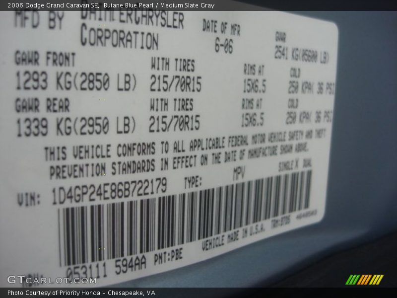 2006 Grand Caravan SE Butane Blue Pearl Color Code PBE