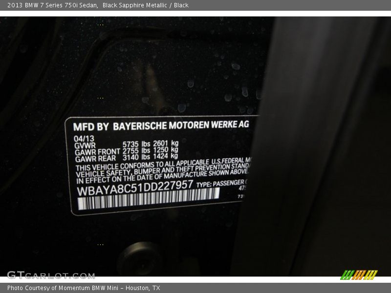 Black Sapphire Metallic / Black 2013 BMW 7 Series 750i Sedan