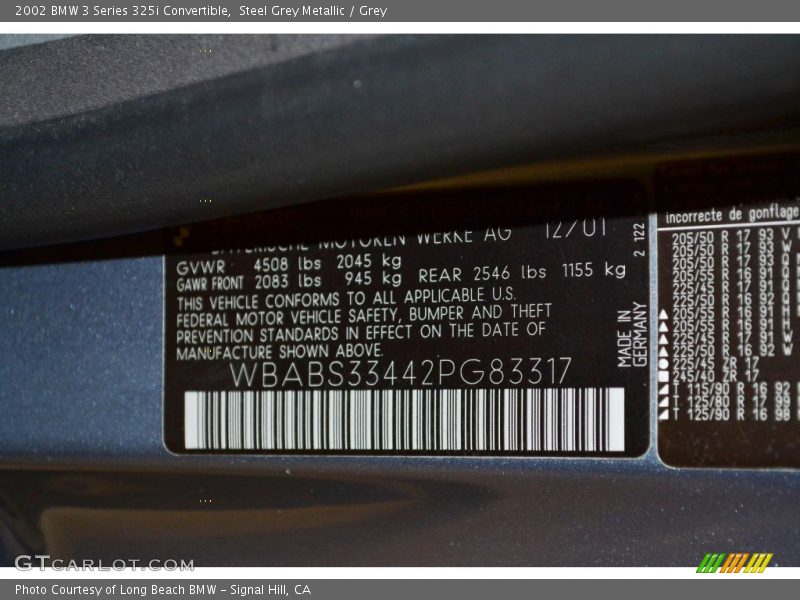 Steel Grey Metallic / Grey 2002 BMW 3 Series 325i Convertible