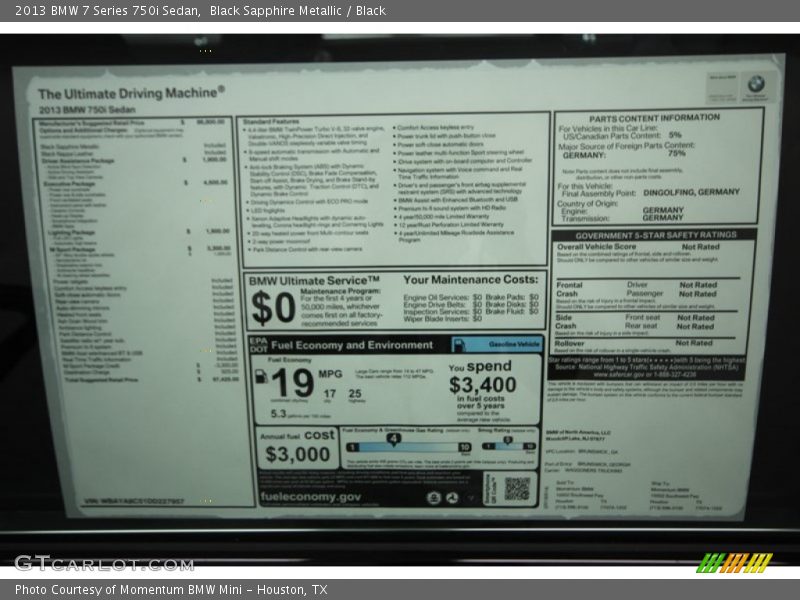  2013 7 Series 750i Sedan Window Sticker