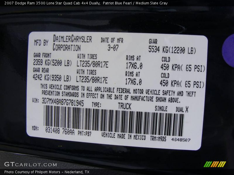 Patriot Blue Pearl / Medium Slate Gray 2007 Dodge Ram 3500 Lone Star Quad Cab 4x4 Dually