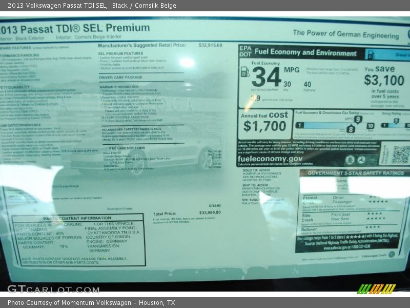 Black / Cornsilk Beige 2013 Volkswagen Passat TDI SEL