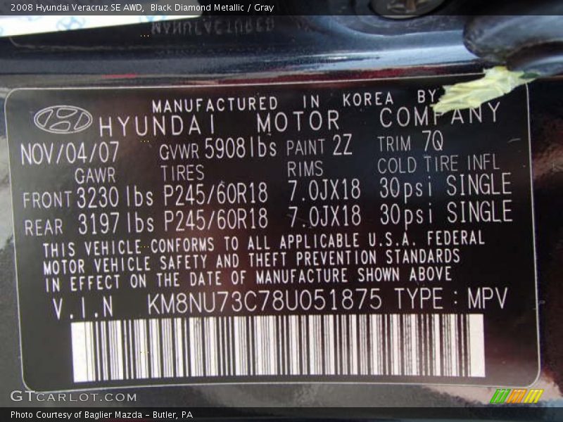 Black Diamond Metallic / Gray 2008 Hyundai Veracruz SE AWD