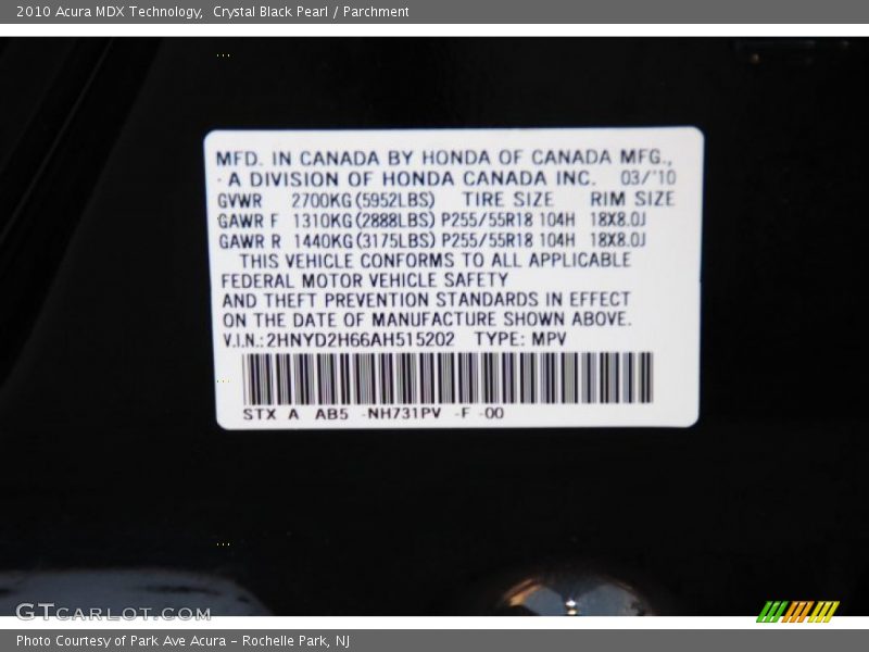Crystal Black Pearl / Parchment 2010 Acura MDX Technology