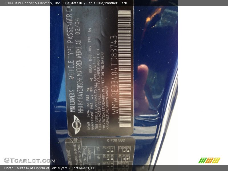 Indi Blue Metallic / Lapis Blue/Panther Black 2004 Mini Cooper S Hardtop