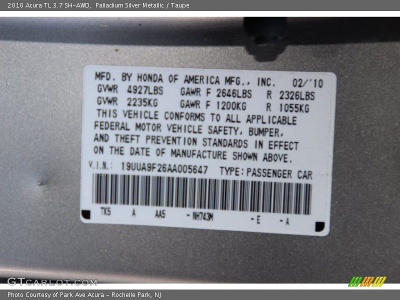 Palladium Silver Metallic / Taupe 2010 Acura TL 3.7 SH-AWD