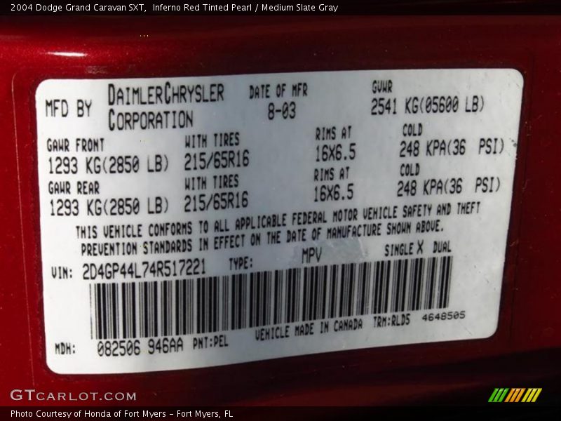 2004 Grand Caravan SXT Inferno Red Tinted Pearl Color Code PEL