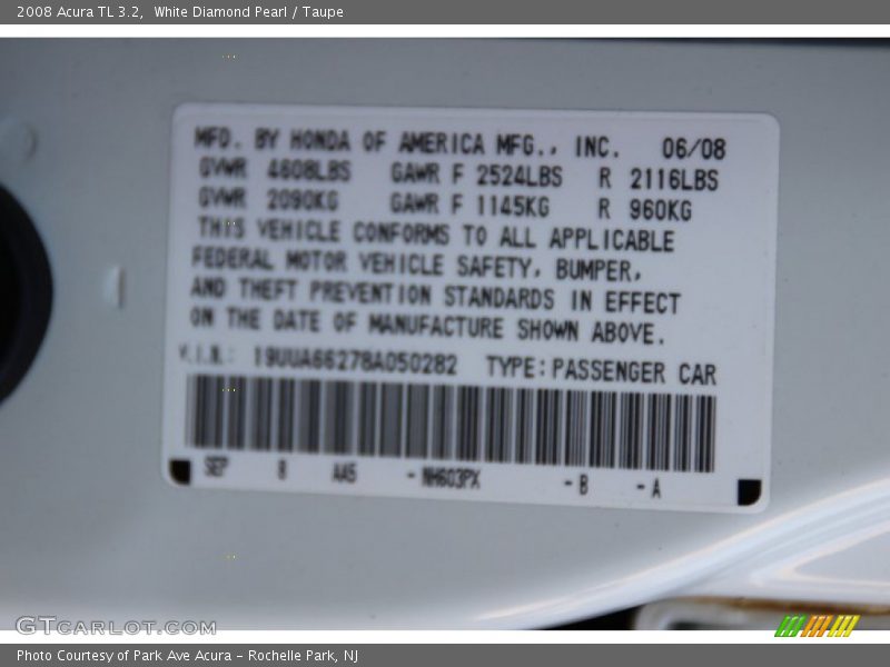 White Diamond Pearl / Taupe 2008 Acura TL 3.2