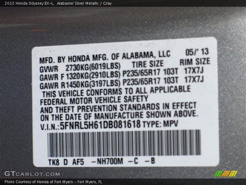 Alabaster Silver Metallic / Gray 2013 Honda Odyssey EX-L