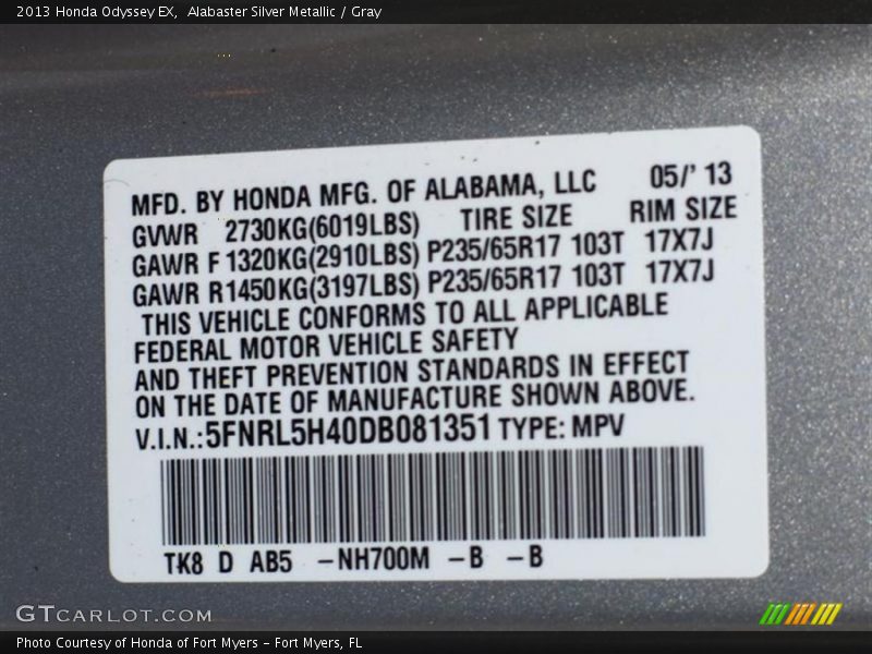 Alabaster Silver Metallic / Gray 2013 Honda Odyssey EX