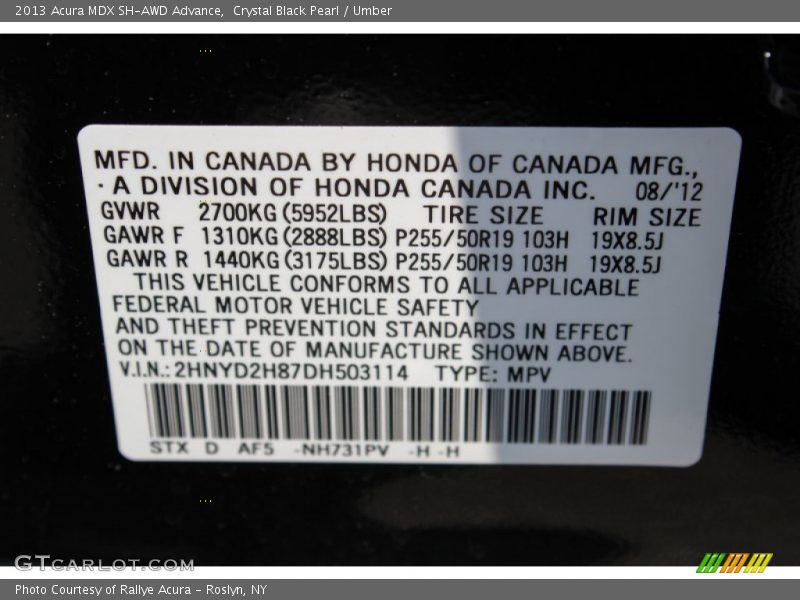 2013 MDX SH-AWD Advance Crystal Black Pearl Color Code NH731PV