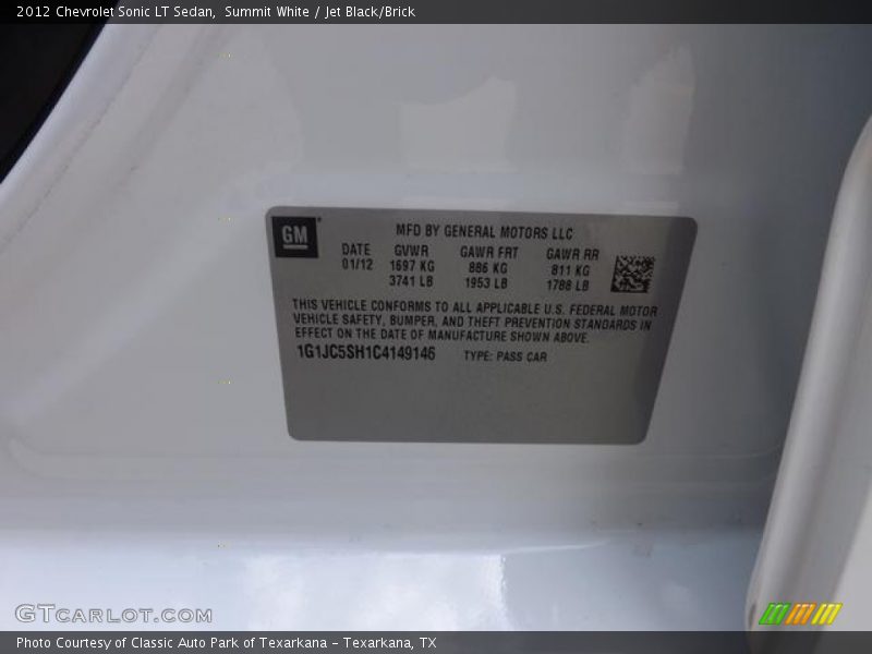 Summit White / Jet Black/Brick 2012 Chevrolet Sonic LT Sedan