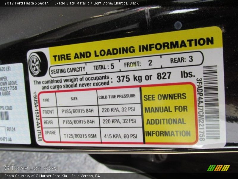 Info Tag of 2012 Fiesta S Sedan