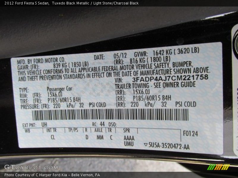 2012 Fiesta S Sedan Tuxedo Black Metallic Color Code UH