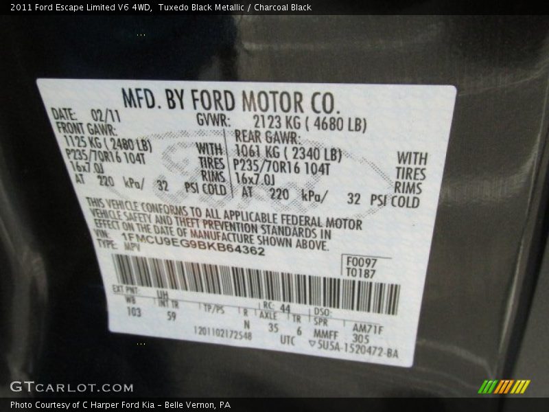 Tuxedo Black Metallic / Charcoal Black 2011 Ford Escape Limited V6 4WD