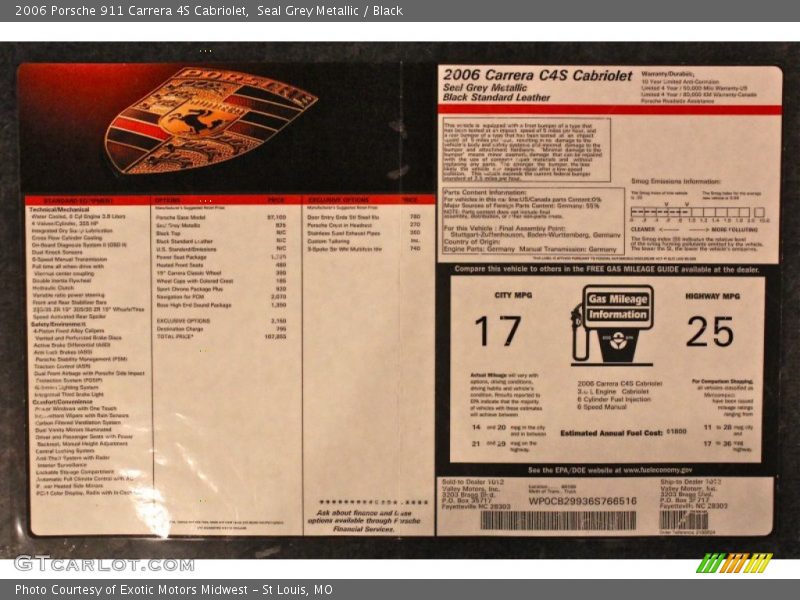  2006 911 Carrera 4S Cabriolet Window Sticker
