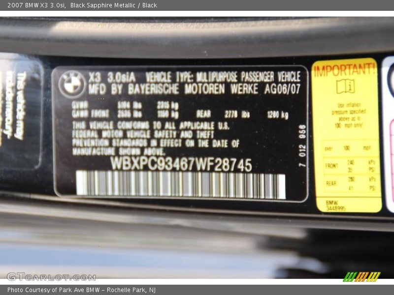 Black Sapphire Metallic / Black 2007 BMW X3 3.0si