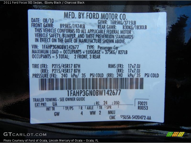 Ebony Black / Charcoal Black 2011 Ford Focus SES Sedan