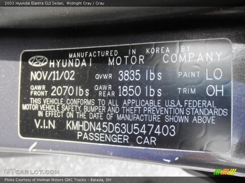 2003 Elantra GLS Sedan Midnight Gray Color Code LO