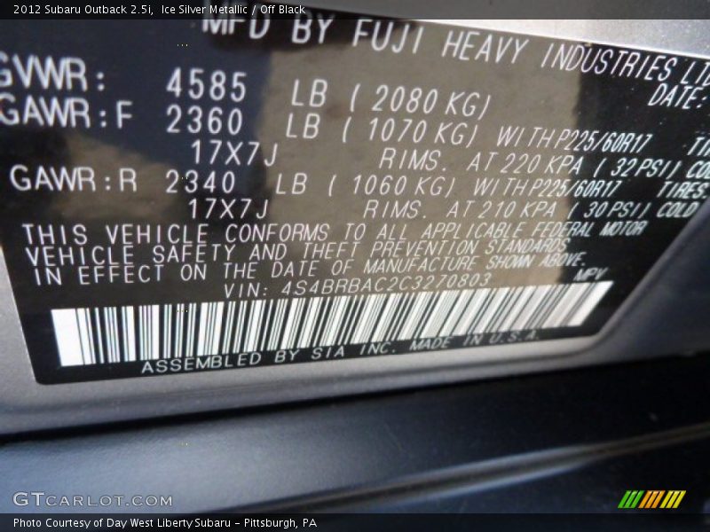 Ice Silver Metallic / Off Black 2012 Subaru Outback 2.5i