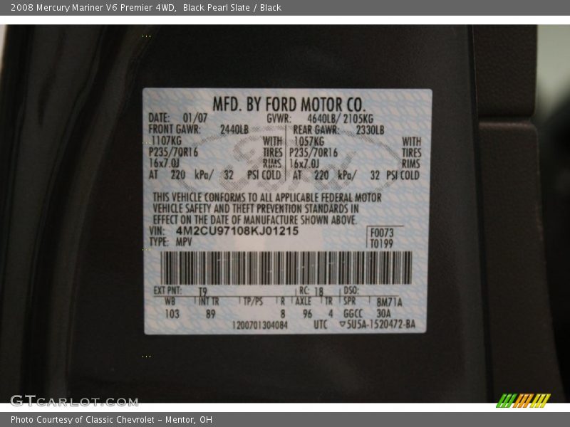 2008 Mariner V6 Premier 4WD Black Pearl Slate Color Code T9