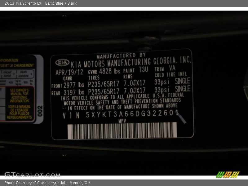 2013 Sorento LX Baltic Blue Color Code T3U