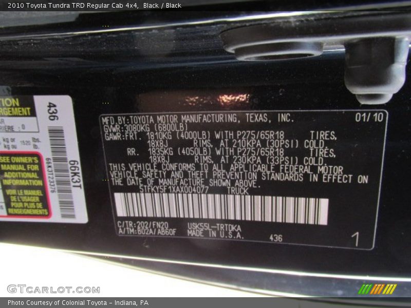 2010 Tundra TRD Regular Cab 4x4 Black Color Code 202