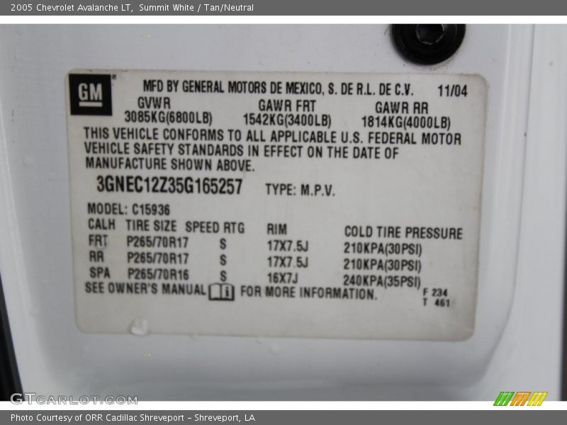 Summit White / Tan/Neutral 2005 Chevrolet Avalanche LT