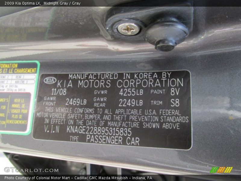 2009 Optima LX Midnight Gray Color Code 8V