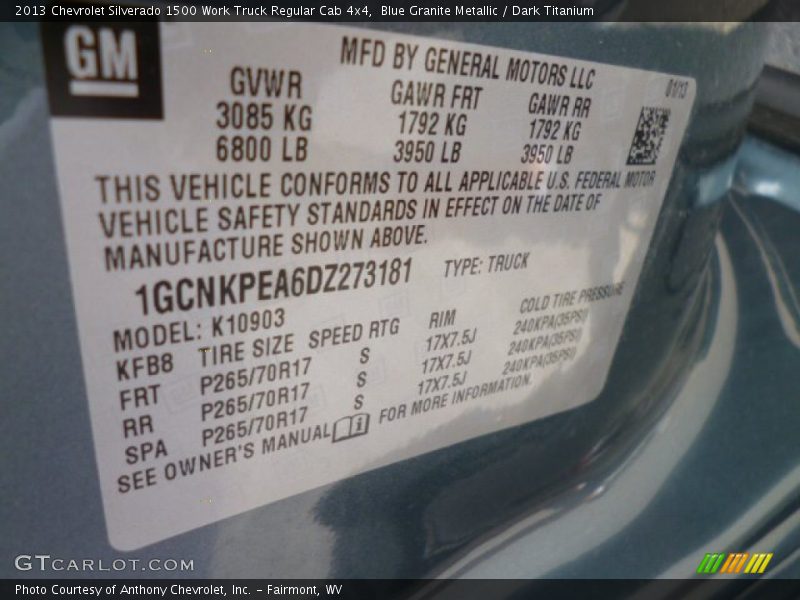 Blue Granite Metallic / Dark Titanium 2013 Chevrolet Silverado 1500 Work Truck Regular Cab 4x4