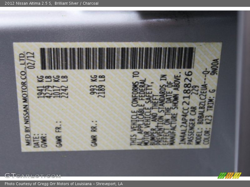Brilliant Silver / Charcoal 2012 Nissan Altima 2.5 S