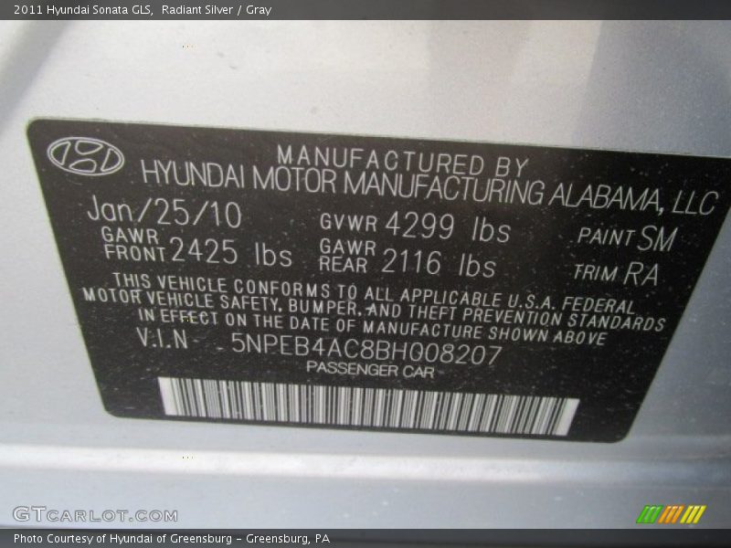 Radiant Silver / Gray 2011 Hyundai Sonata GLS