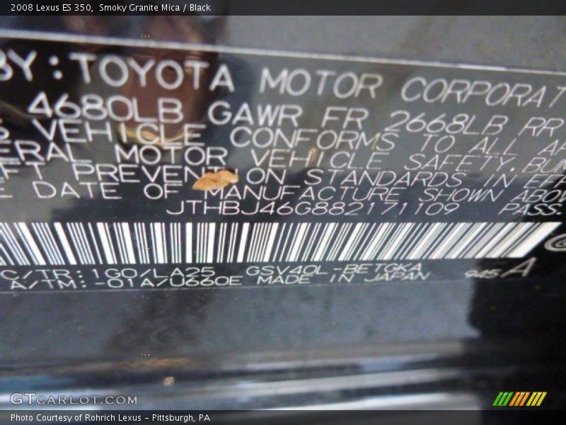Smoky Granite Mica / Black 2008 Lexus ES 350