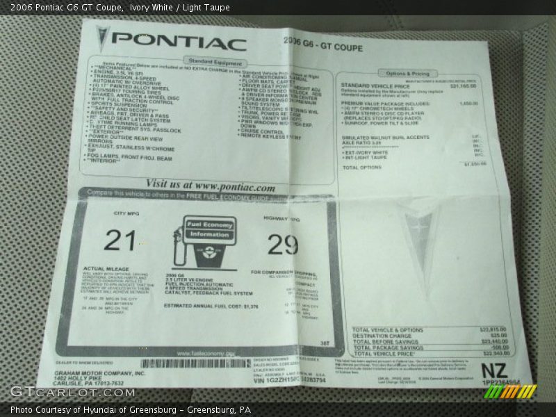  2006 G6 GT Coupe Window Sticker