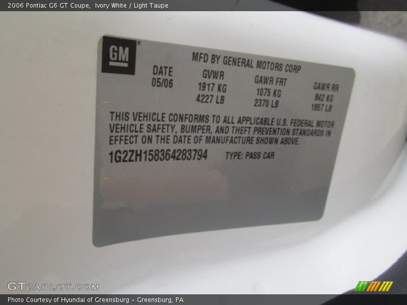 Ivory White / Light Taupe 2006 Pontiac G6 GT Coupe