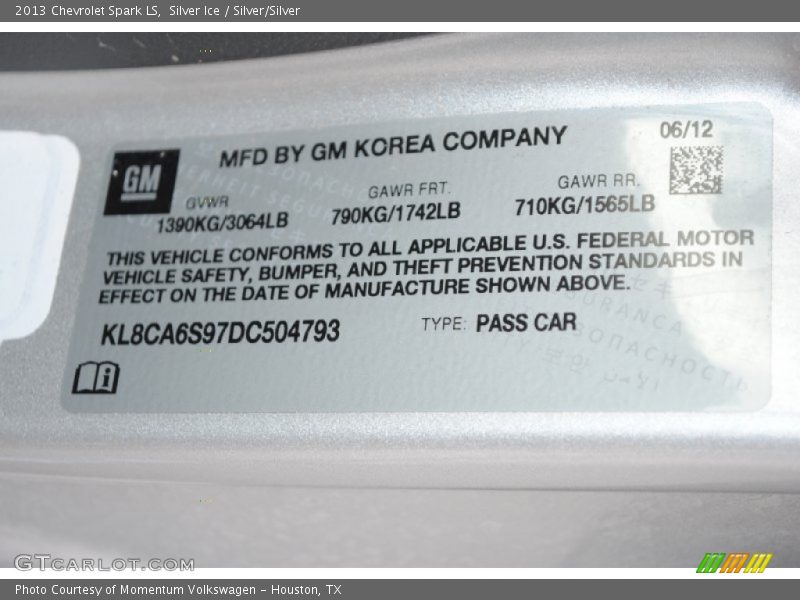 Silver Ice / Silver/Silver 2013 Chevrolet Spark LS