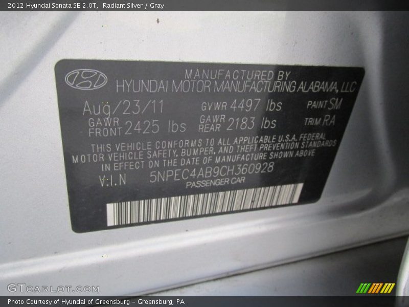 Radiant Silver / Gray 2012 Hyundai Sonata SE 2.0T