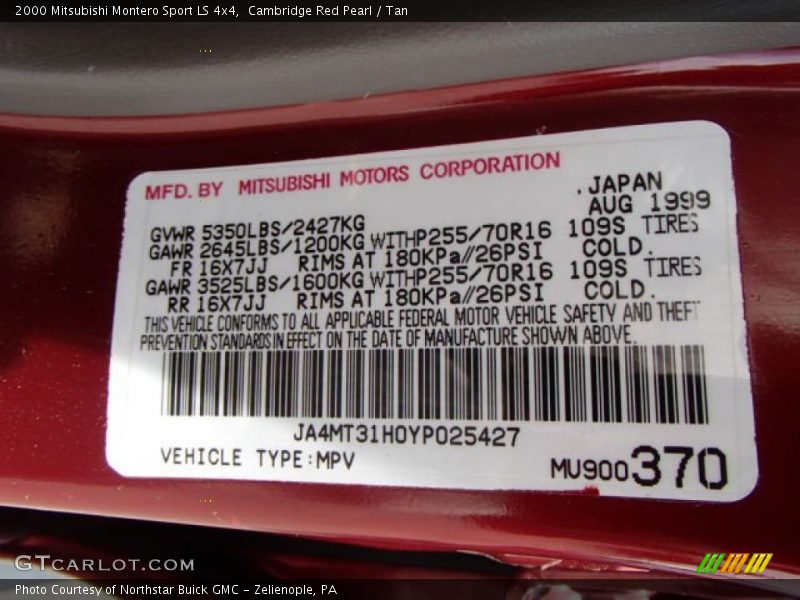 Info Tag of 2000 Montero Sport LS 4x4