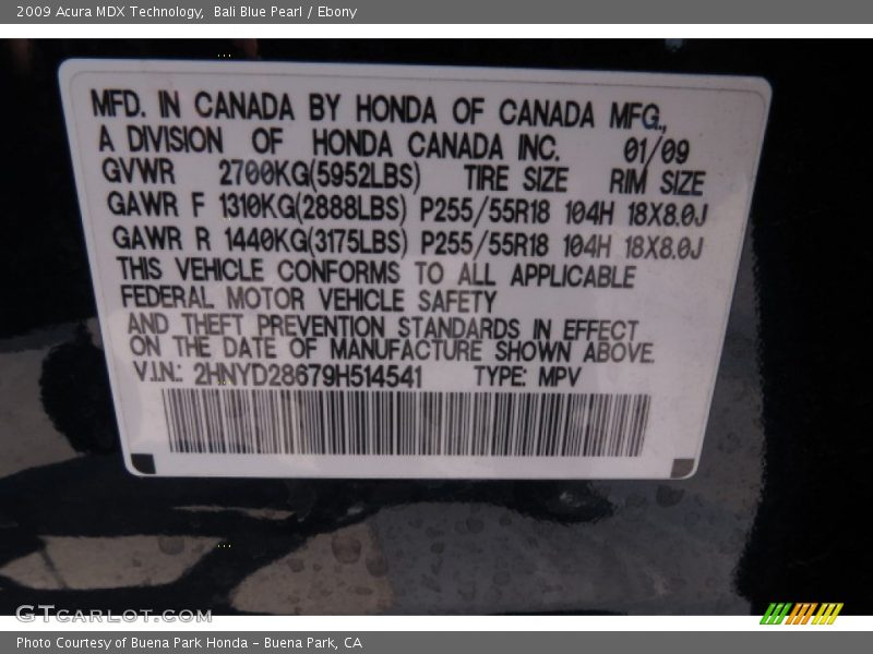 Bali Blue Pearl / Ebony 2009 Acura MDX Technology