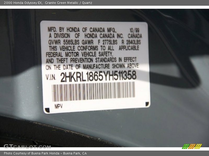 Granite Green Metallic / Quartz 2000 Honda Odyssey EX