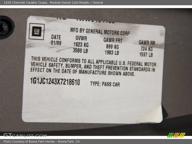 Medium Sunset Gold Metallic / Neutral 1999 Chevrolet Cavalier Coupe