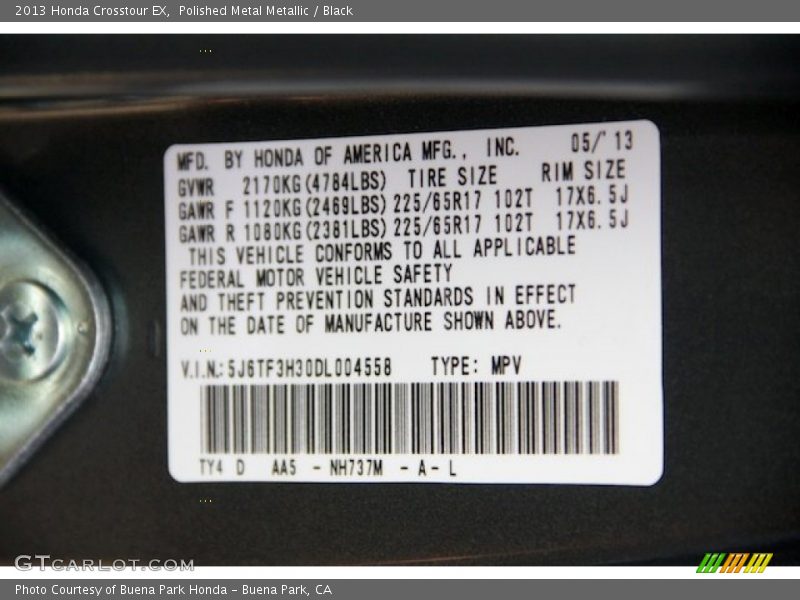 Polished Metal Metallic / Black 2013 Honda Crosstour EX