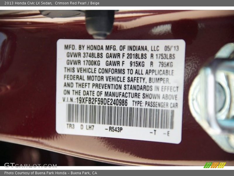 Crimson Red Pearl / Beige 2013 Honda Civic LX Sedan
