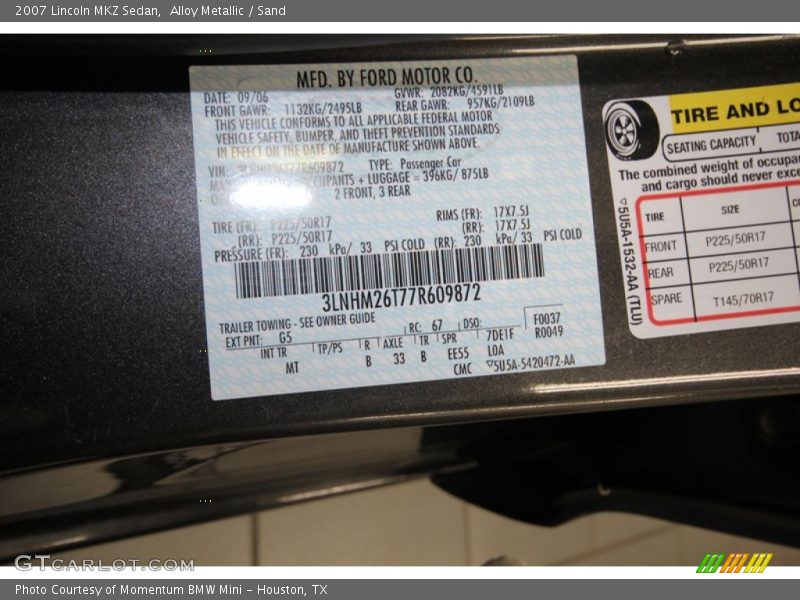 2007 MKZ Sedan Alloy Metallic Color Code G5