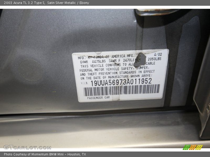 Satin Silver Metallic / Ebony 2003 Acura TL 3.2 Type S